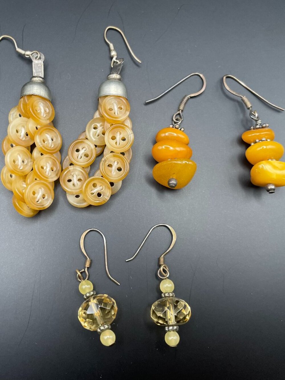 Yellow Round Beaded Dangle Drop Hook Earrings Plastic Lobe (Bundle - 3 Pairs)